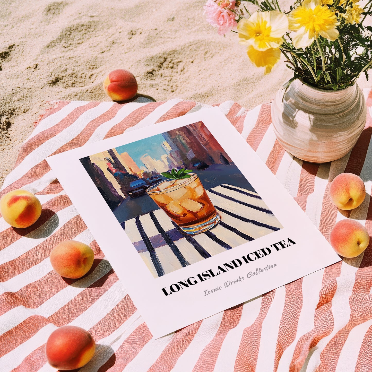 Long Island Iced – American Urban Café Scene, American Cocktail Painting, unframed on coastal sand