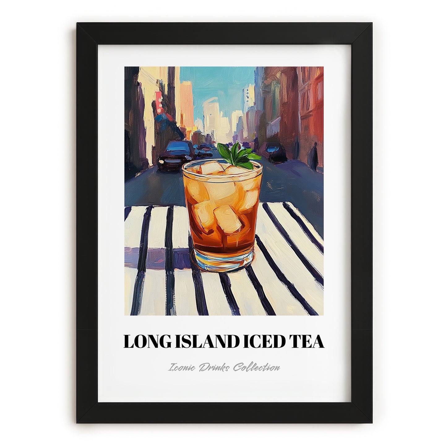 Long Island Iced – American Urban Café Scene, American Cocktail Painting, in sleek black frame