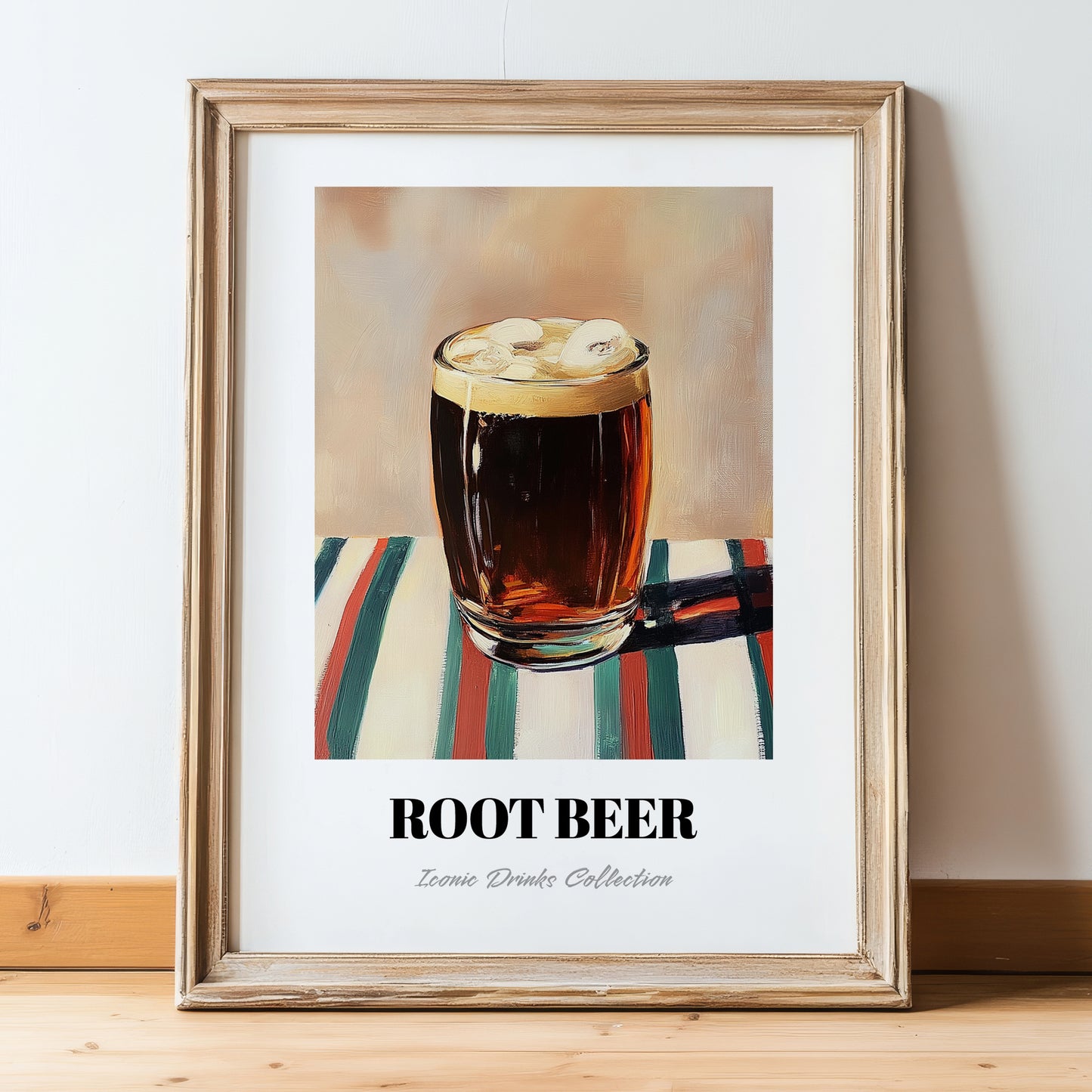 Root Beer – on Striped Tablecloth, American Beverage Wall Art, in wooden frame leaning on the floor