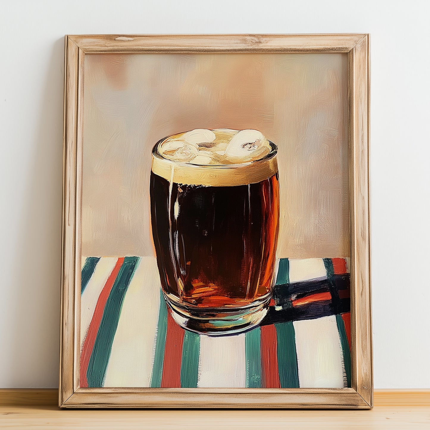 Root Beer – on Striped Tablecloth, American Beverage Wall Art, no-text version framed in wood