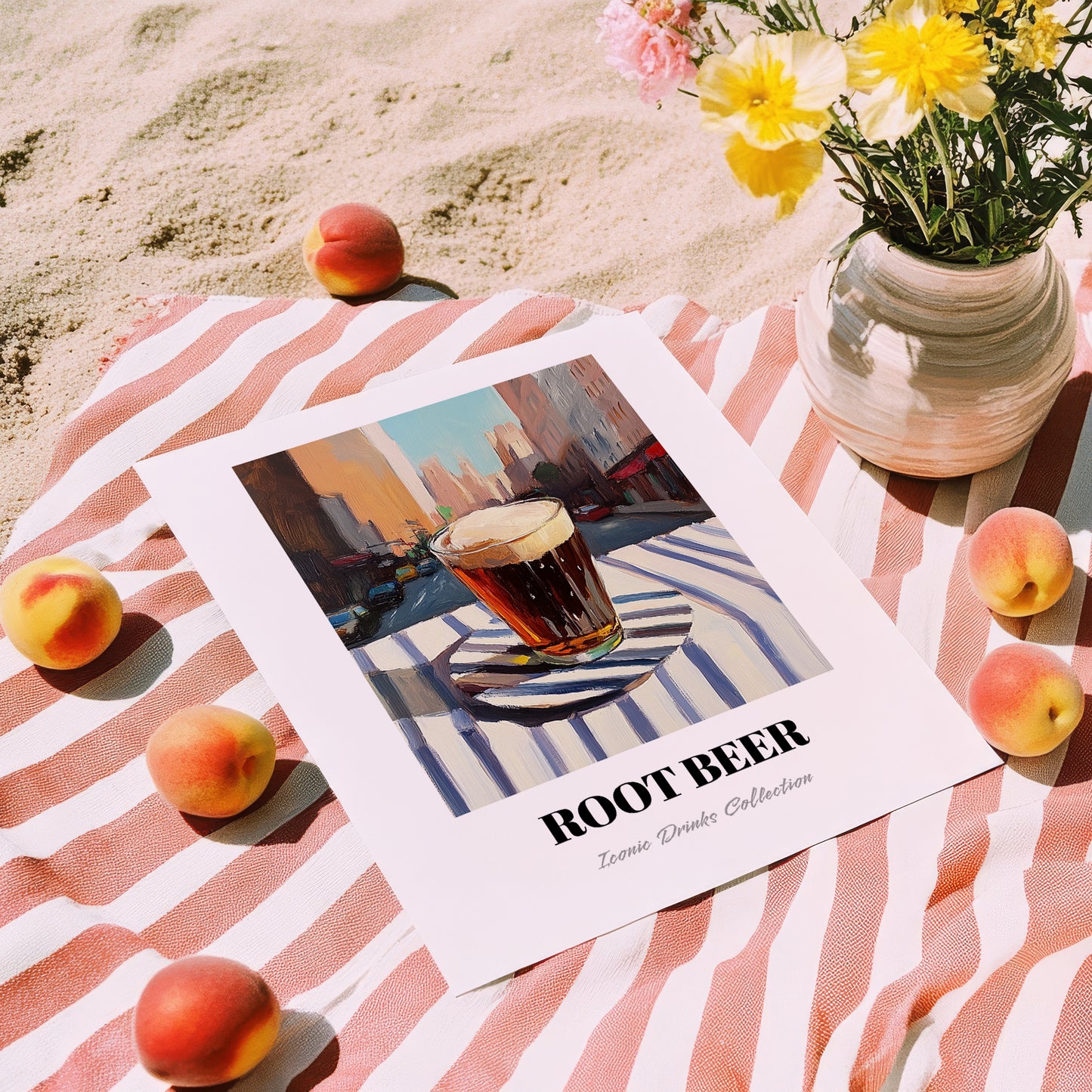 Root Beer – American Café on the Corner, American Beverage Print, unframed on coastal sand