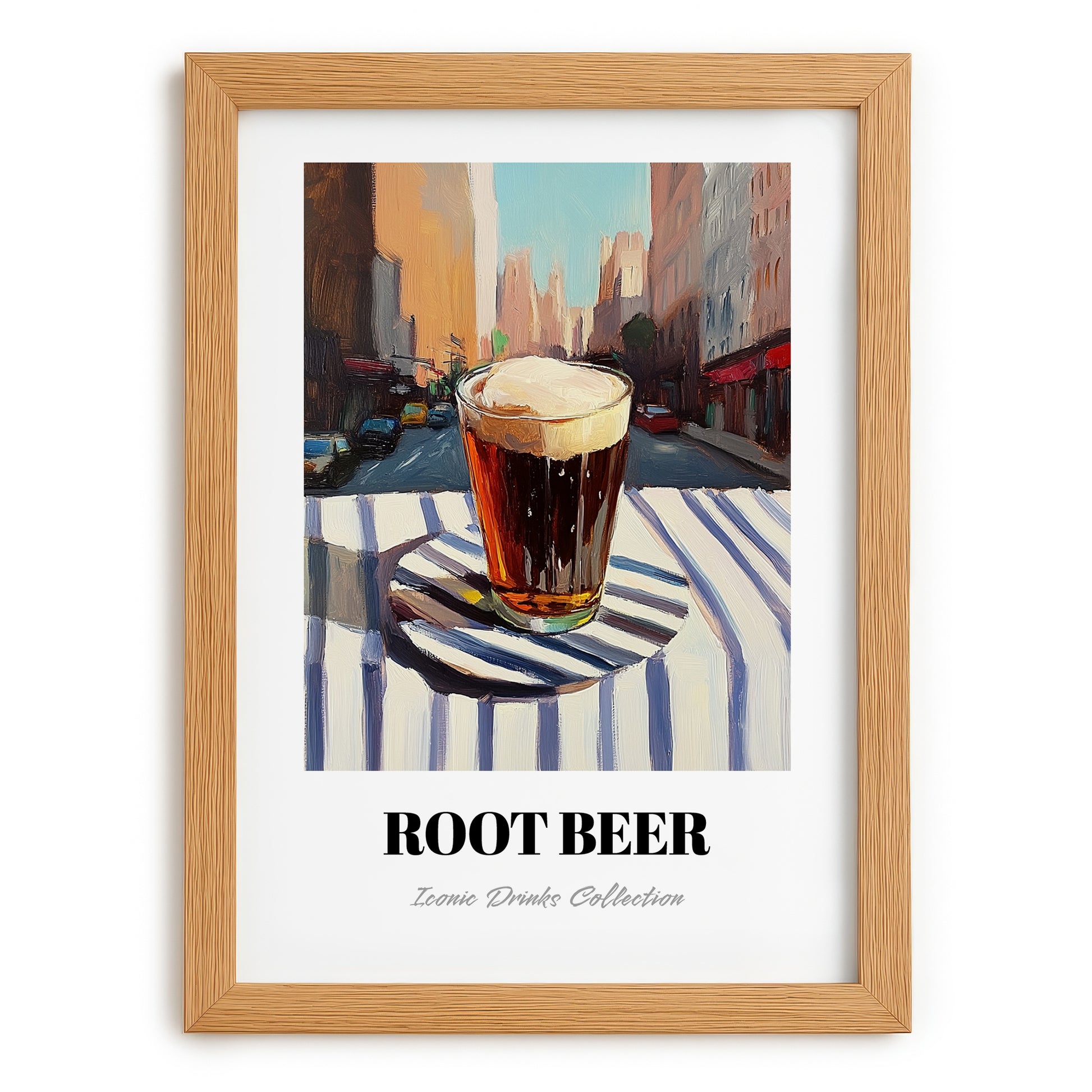 Root Beer – American Café on the Corner, American Beverage Print, set in oak frame