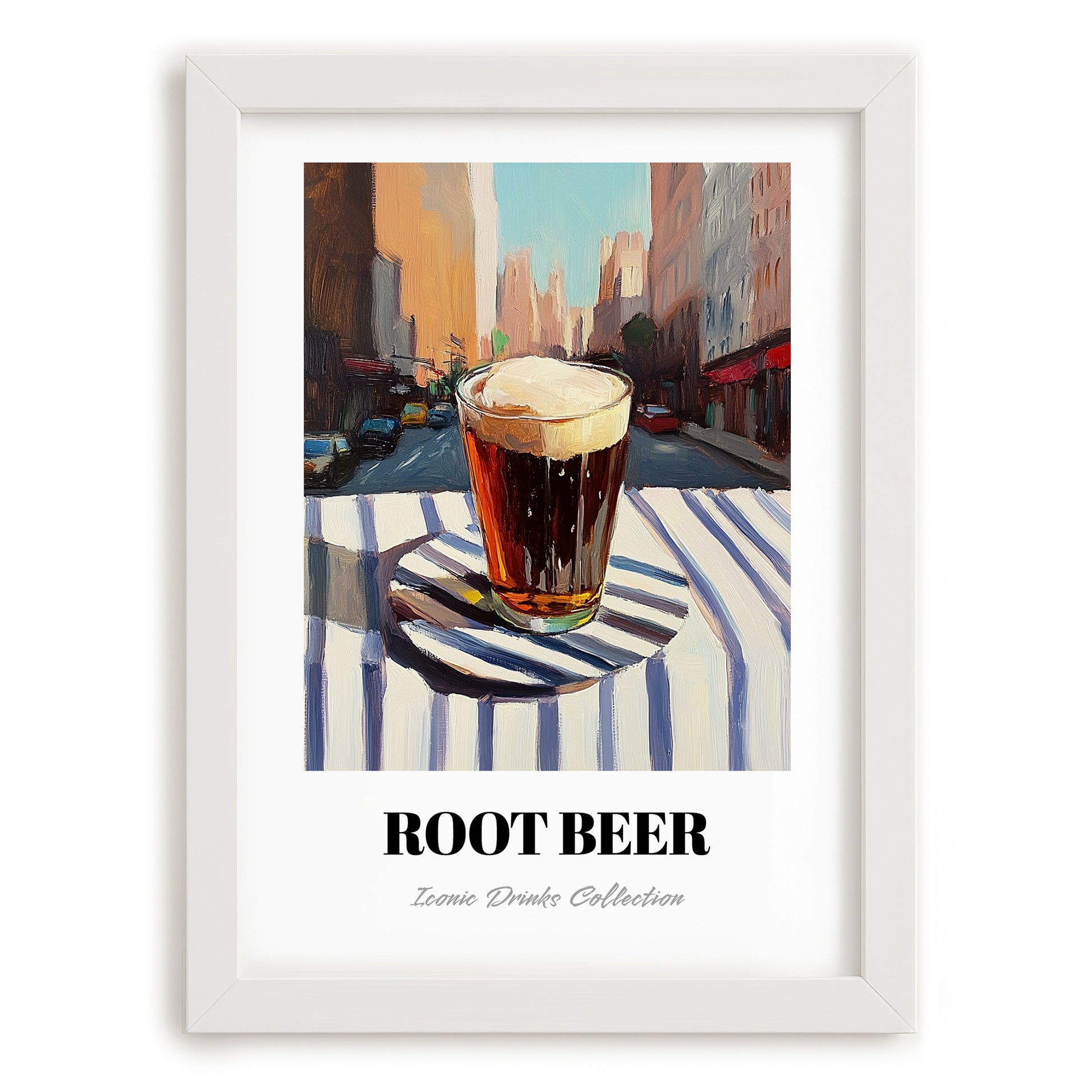 Root Beer – American Café on the Corner, American Beverage Print, placed in minimal white frame