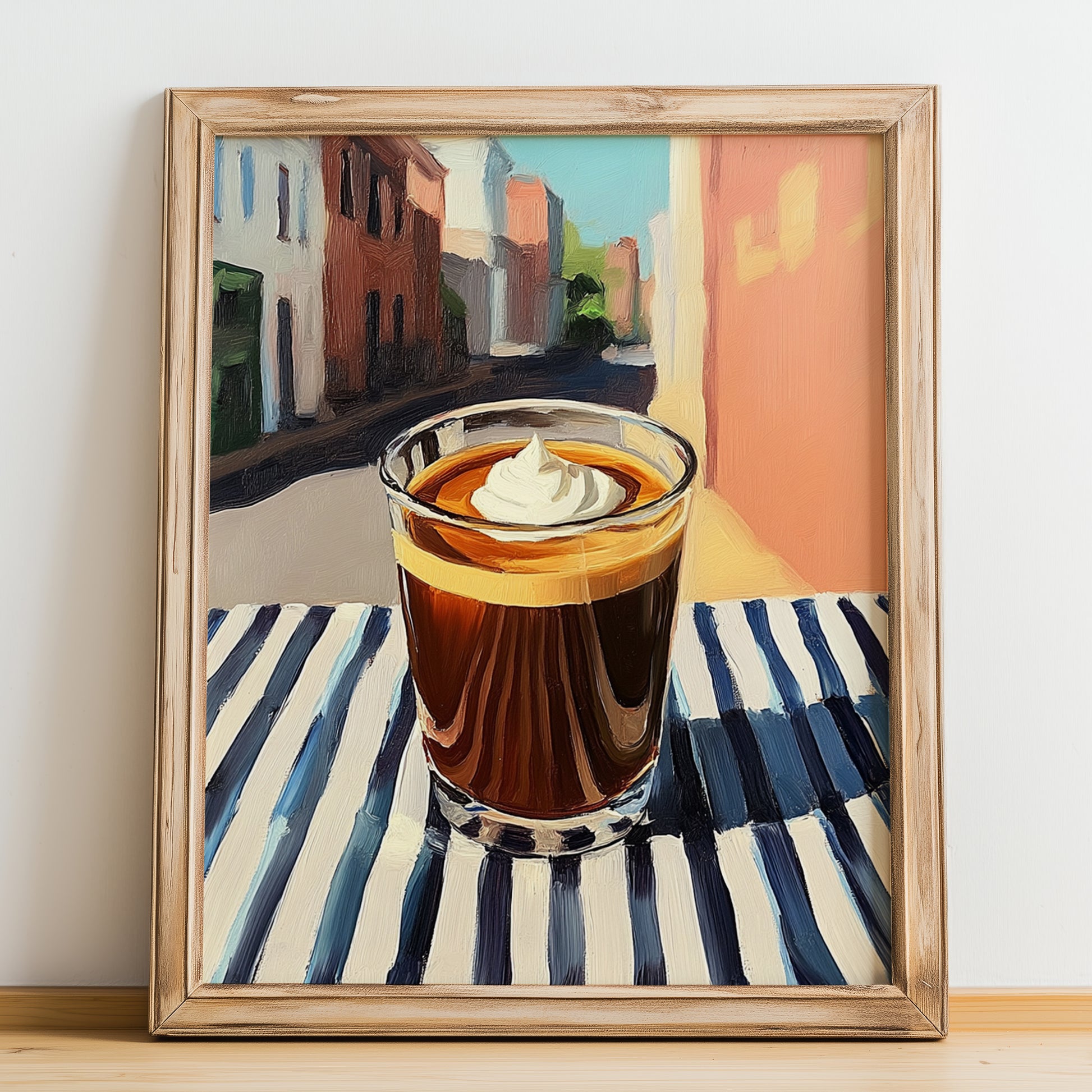 Cold Brew – American Street Café Scene, American Coffee Still Life, no-text version framed in wood