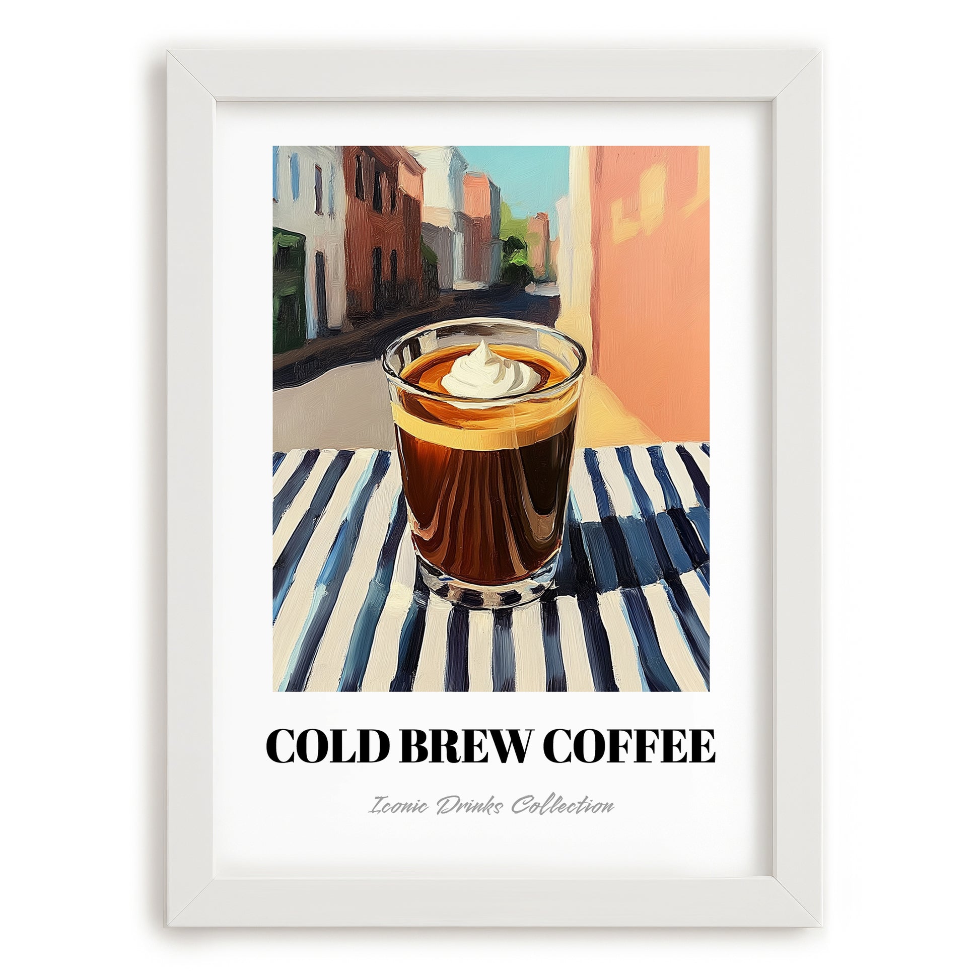 Cold Brew – American Street Café Scene, American Coffee Still Life, placed in minimal white frame