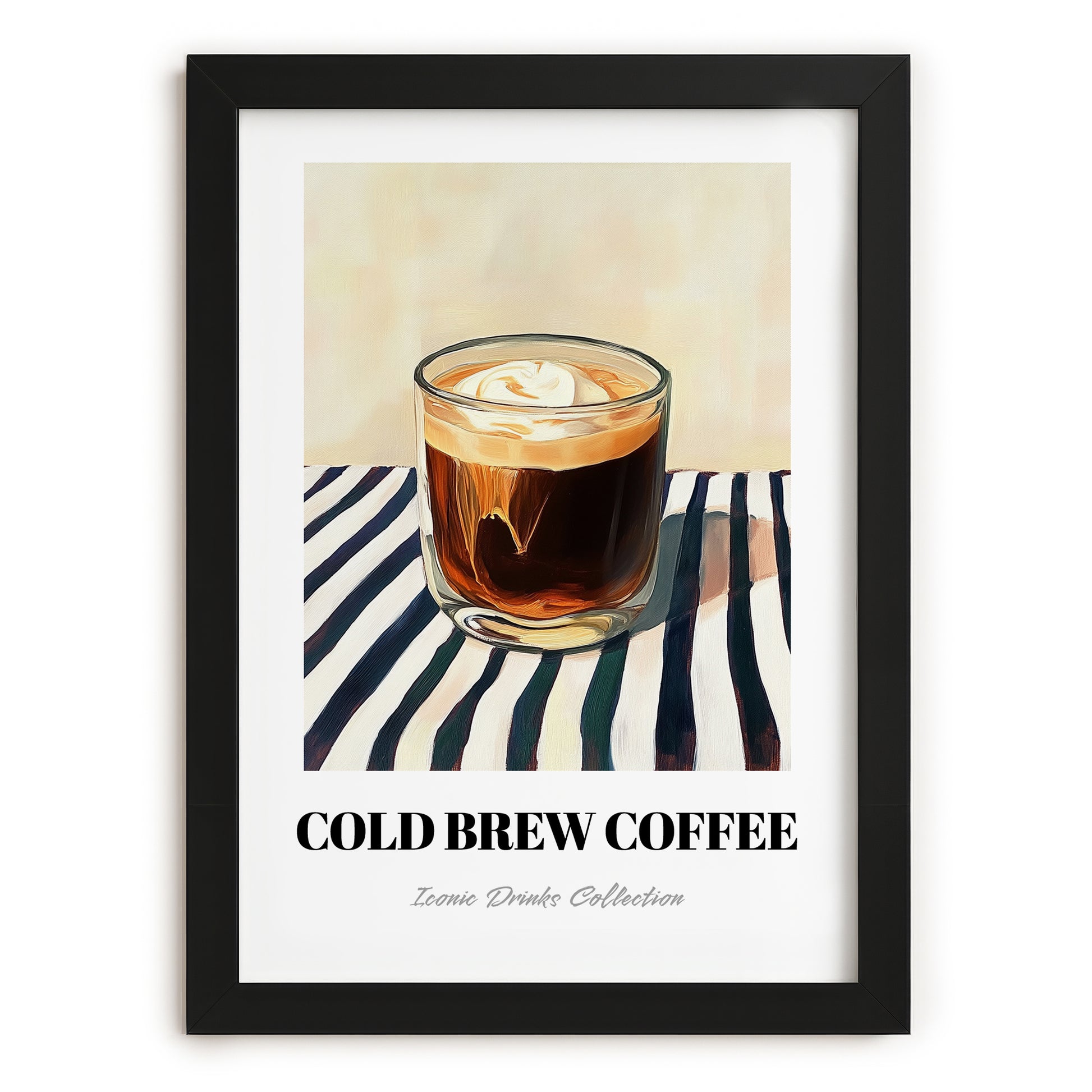 Cold Brew – on Striped Tablecloth, American Coffee Wall Decor, in sleek black frame