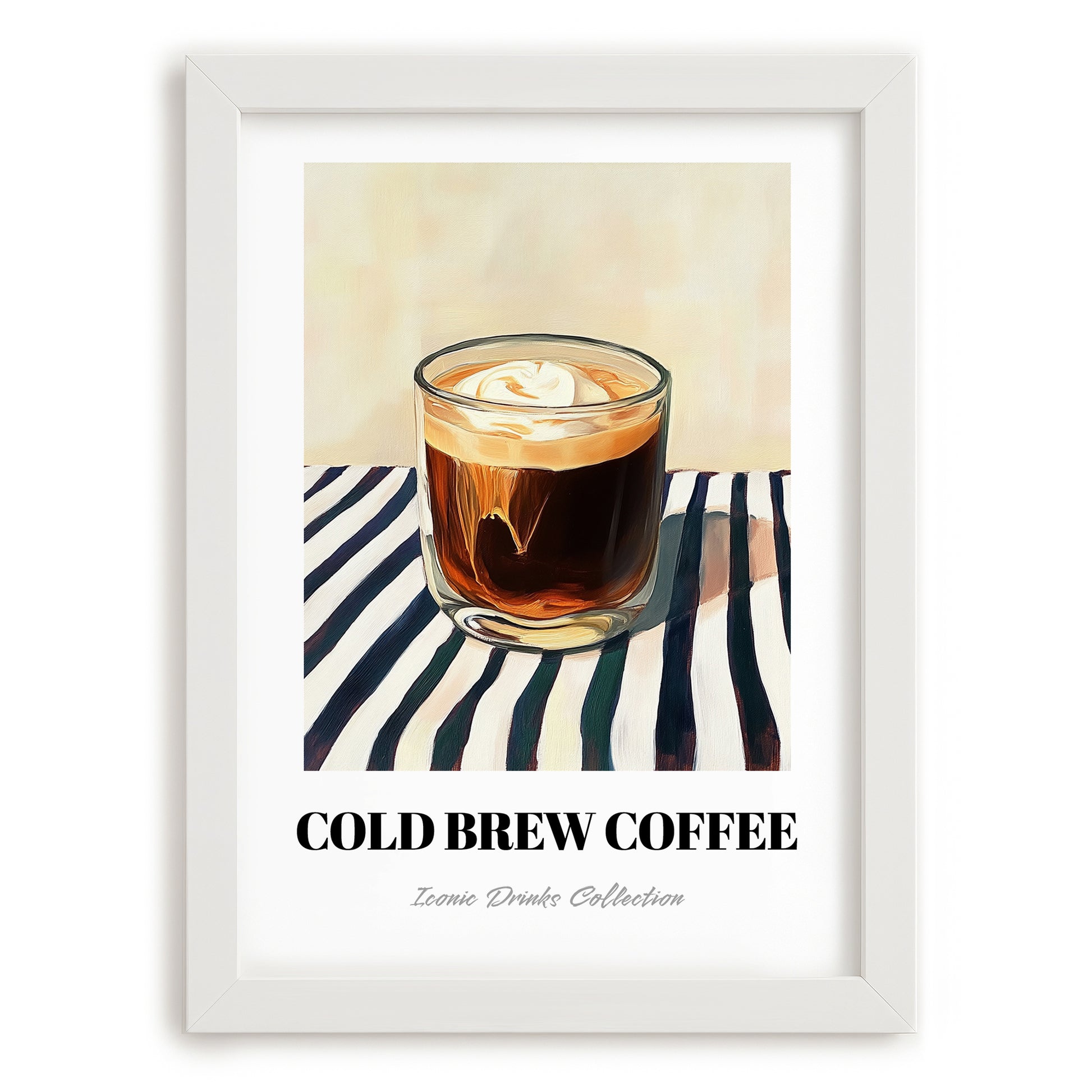 Cold Brew – on Striped Tablecloth, American Coffee Wall Decor, placed in minimal white frame