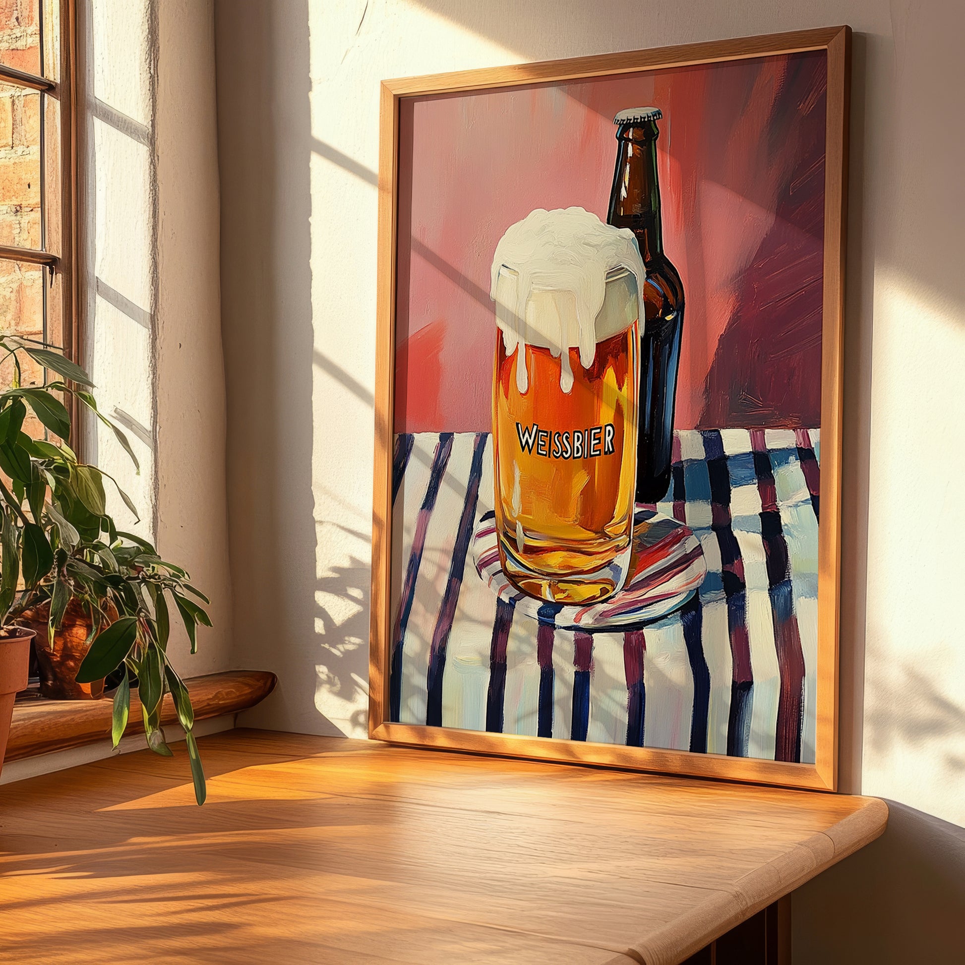 Weißbier – on Striped Tablecloth, German Beer Poster, clean layout with no caption