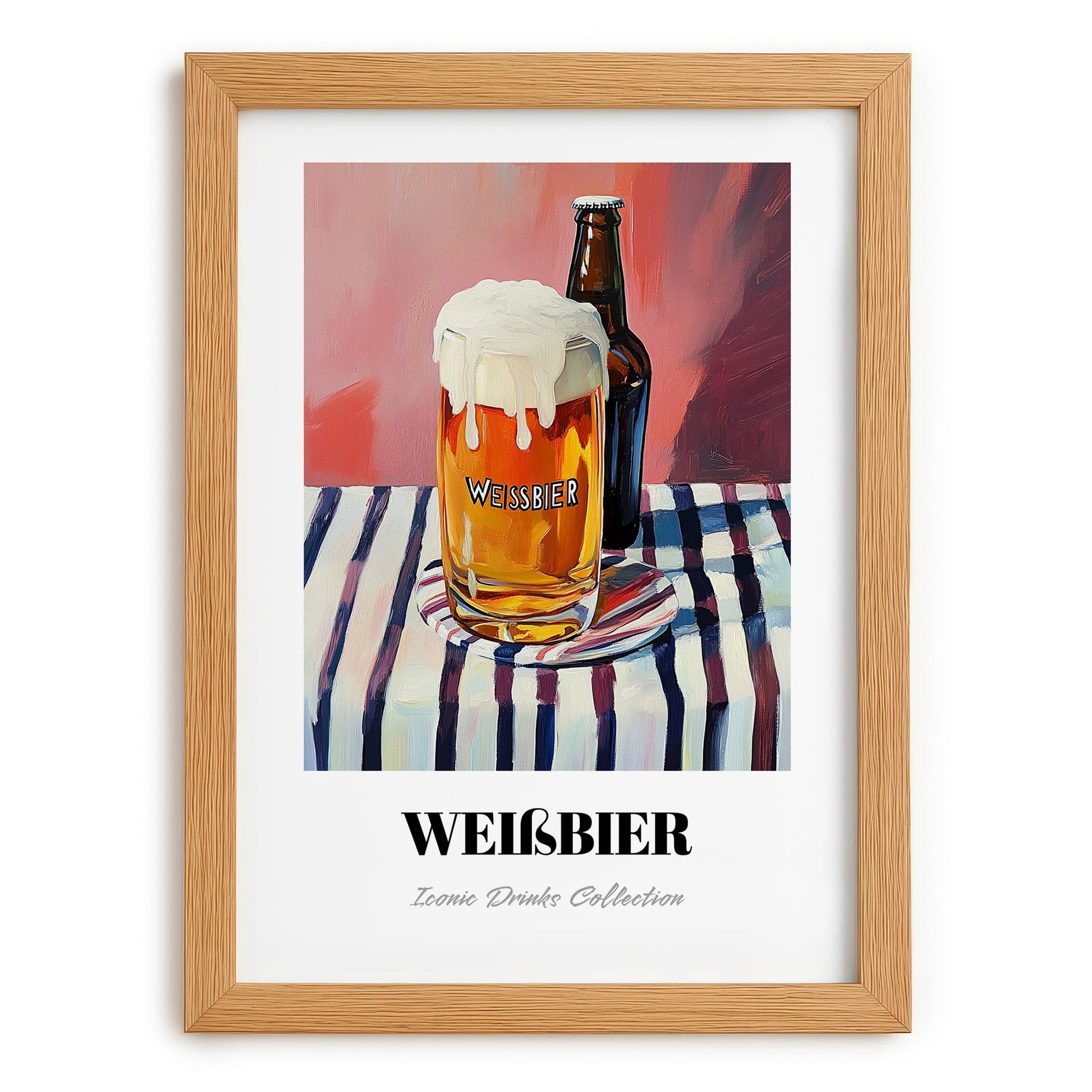 Weißbier – on Striped Tablecloth, German Beer Poster, set in oak frame