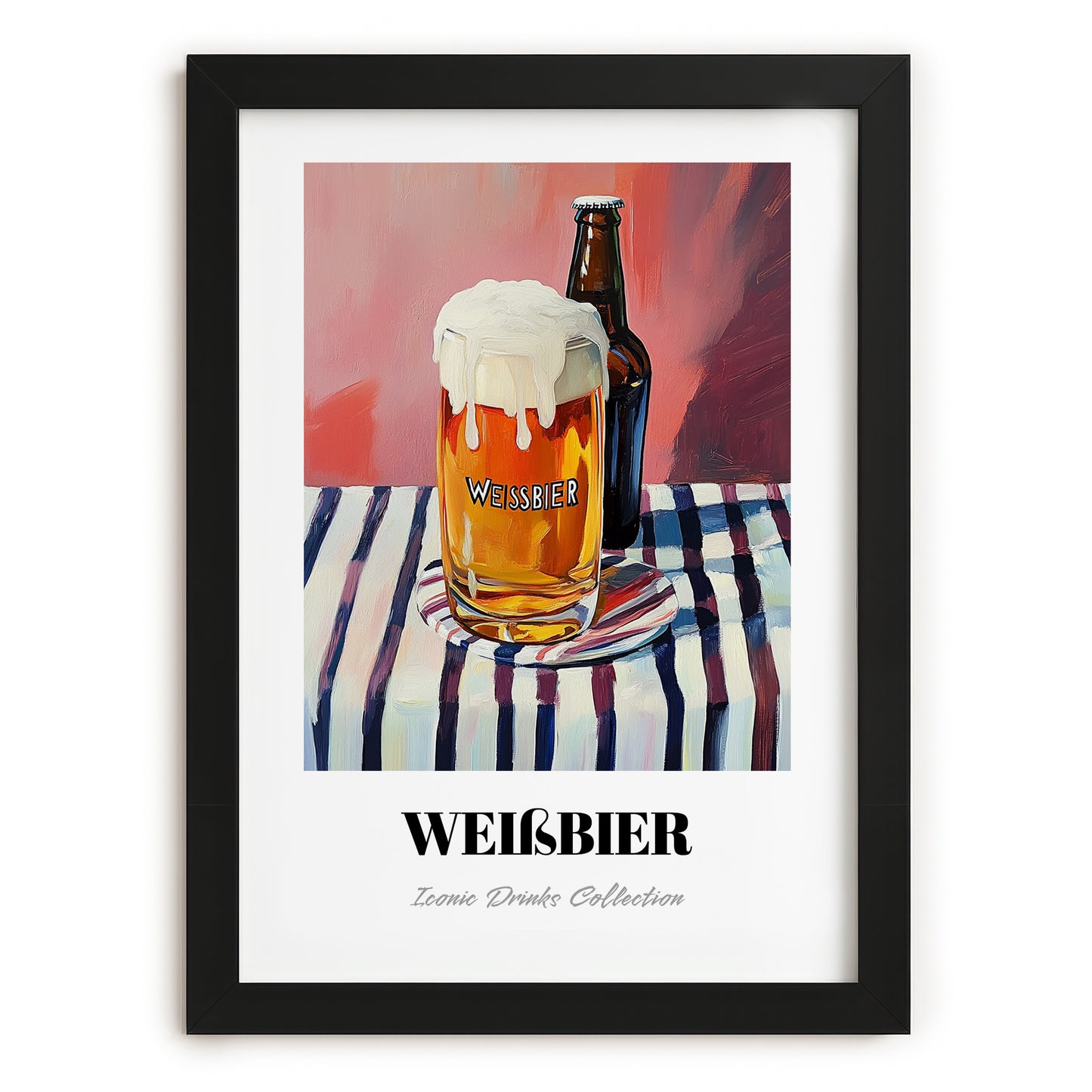 Weißbier – on Striped Tablecloth, German Beer Poster, in sleek black frame
