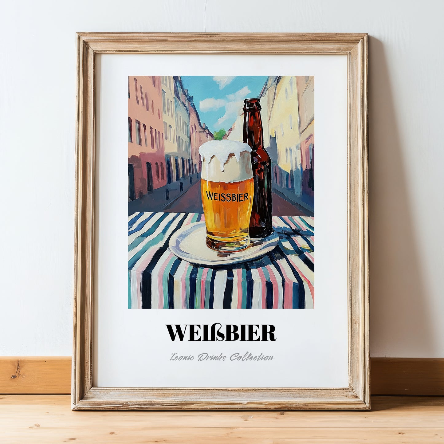 Weißbier – German Urban Café Scene, German Beer Art, in wooden frame leaning on the floor