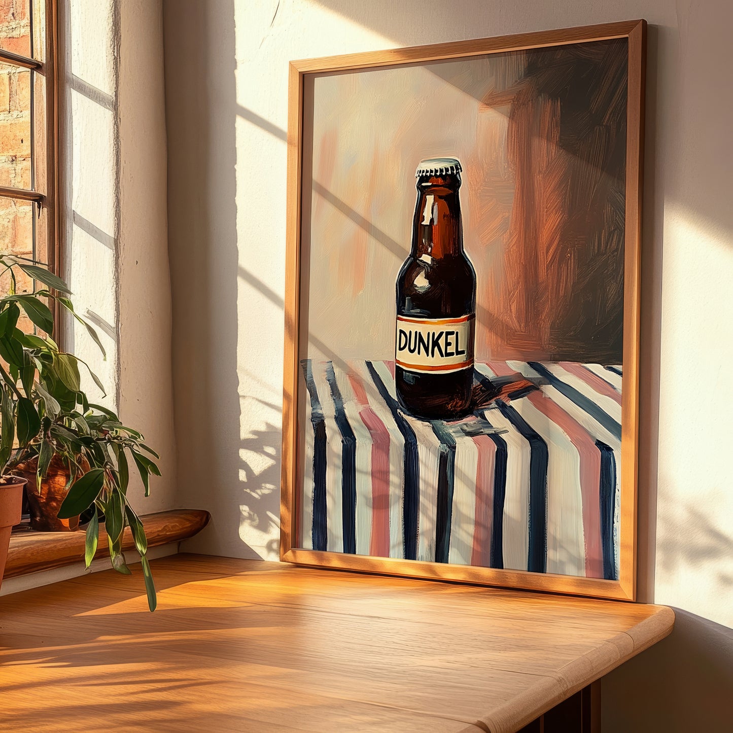 Dunkel – on Striped Tablecloth, German Beer Wall Decor, clean layout with no caption