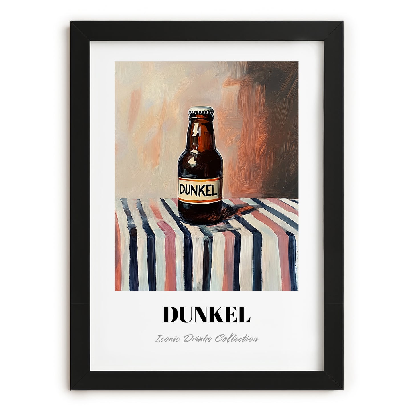 Dunkel – on Striped Tablecloth, German Beer Wall Decor, in sleek black frame