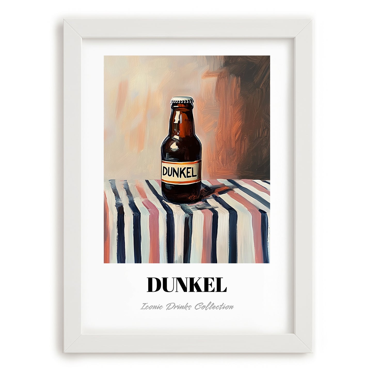 Dunkel – on Striped Tablecloth, German Beer Wall Decor, placed in minimal white frame