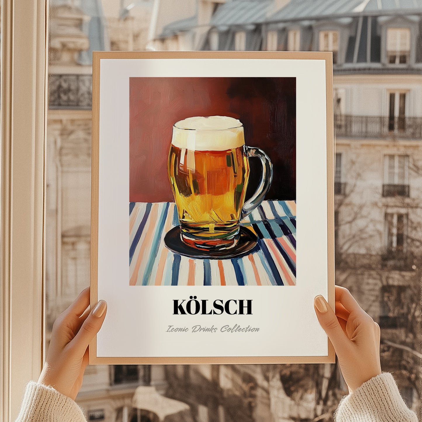 Kölsch – on Striped Tablecloth, German Beer Wall Decor, styled in a charming Paris street view