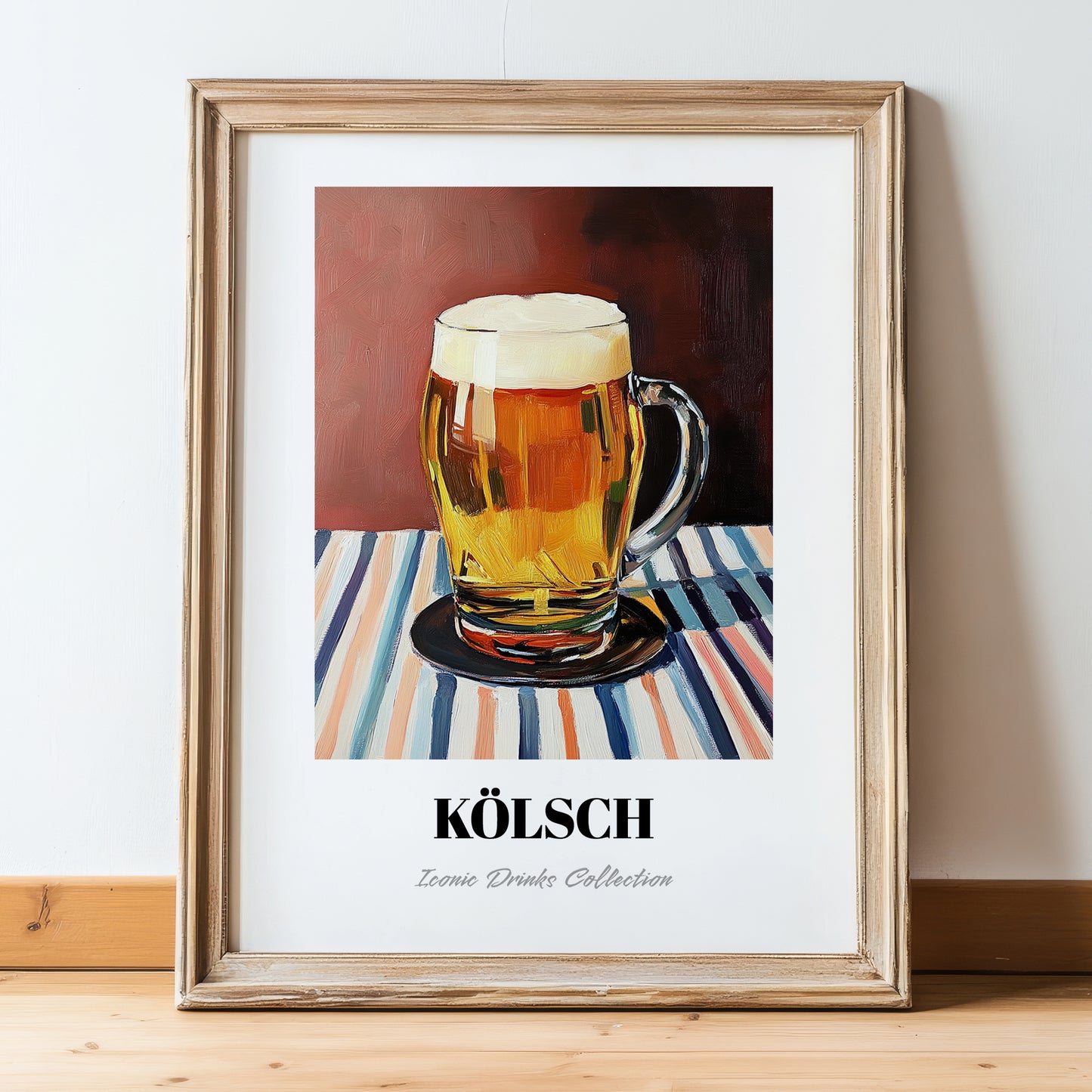 Kölsch – on Striped Tablecloth, German Beer Wall Decor, in wooden frame leaning on the floor