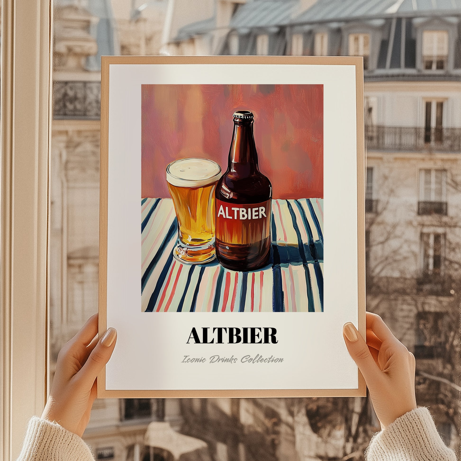 Altbier – on Striped Tablecloth, German Beer Wall Print, styled in a charming Paris street view