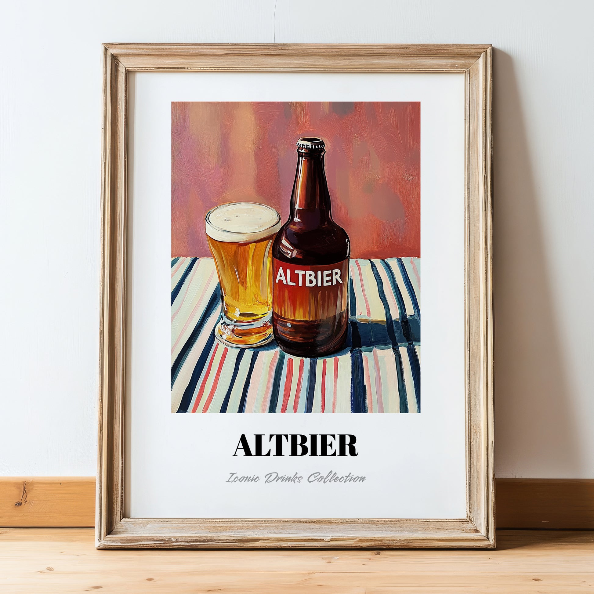 Altbier – on Striped Tablecloth, German Beer Wall Print, in wooden frame leaning on the floor