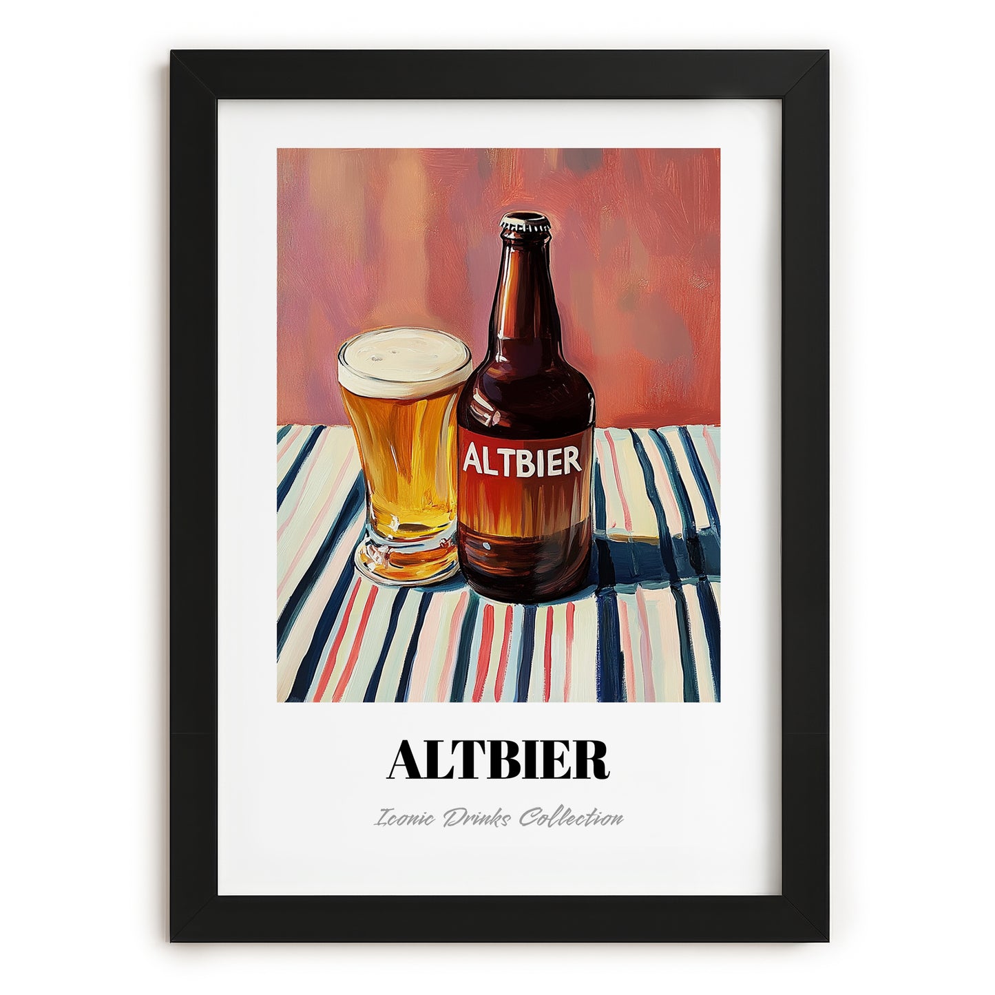 Altbier – on Striped Tablecloth, German Beer Wall Print, in sleek black frame
