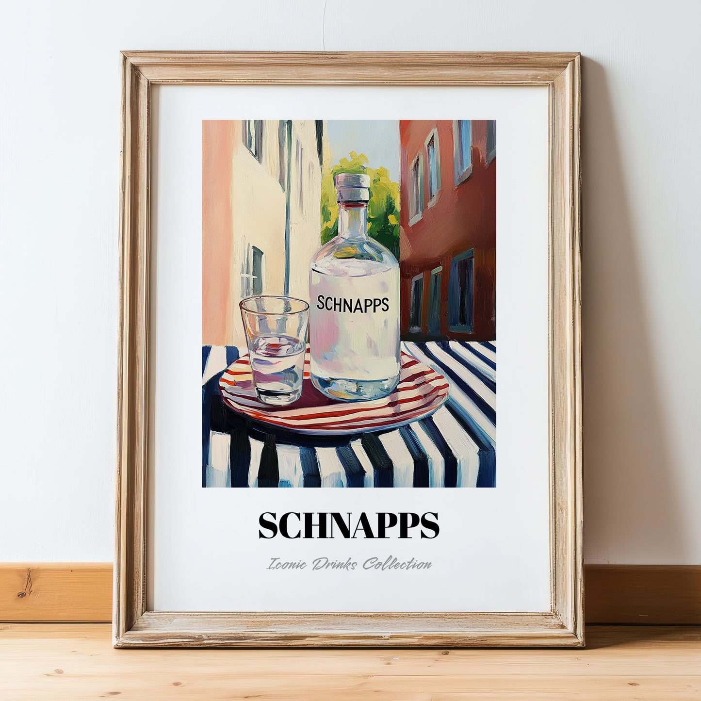 Schnapps – German Street Café Scene, German Spirit Wall Decor, in wooden frame leaning on the floor