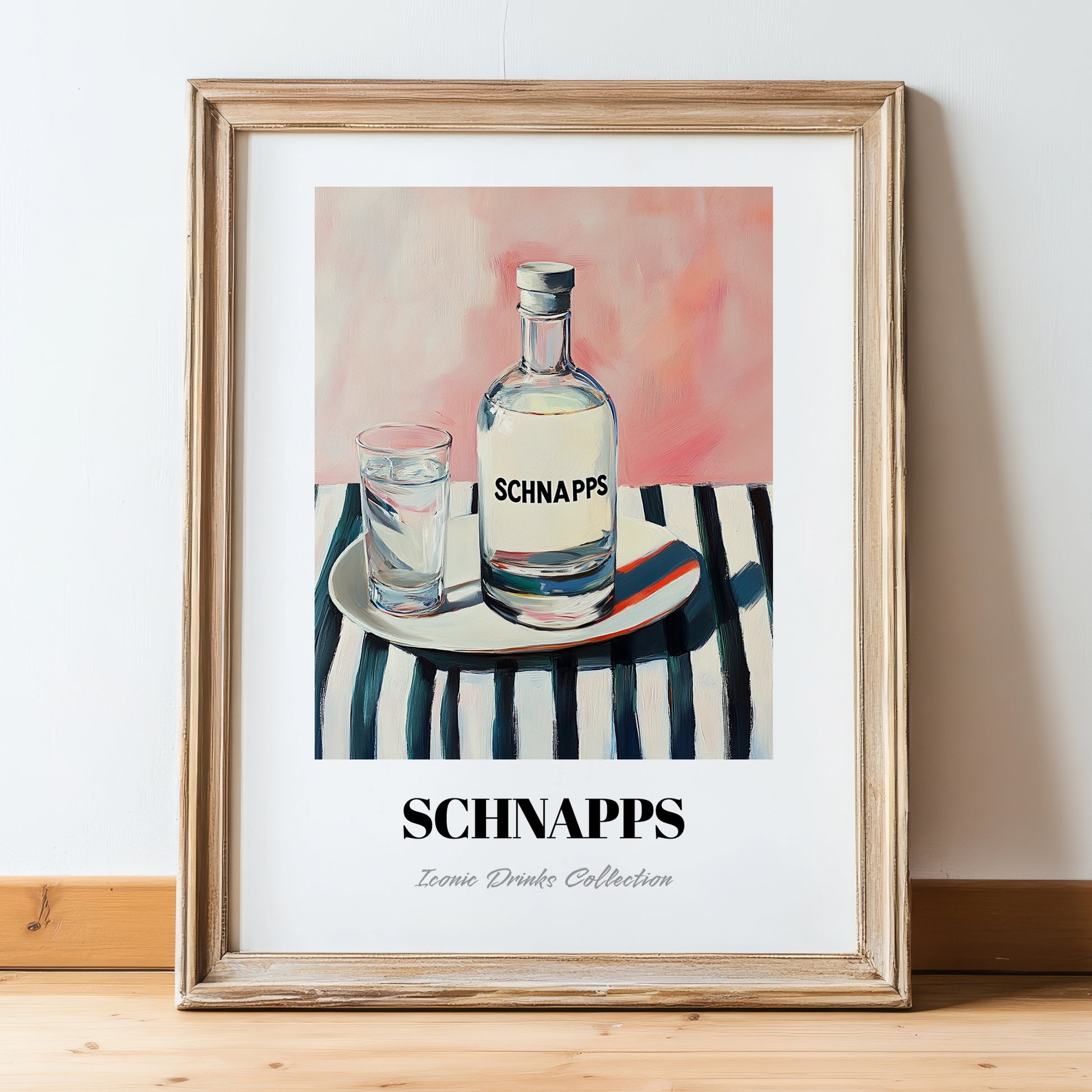 Schnapps – on Striped Tablecloth, German Spirit Painting, in wooden frame leaning on the floor
