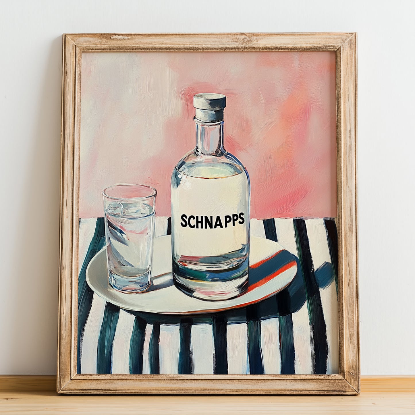 Schnapps – on Striped Tablecloth, German Spirit Painting, no-text version framed in wood