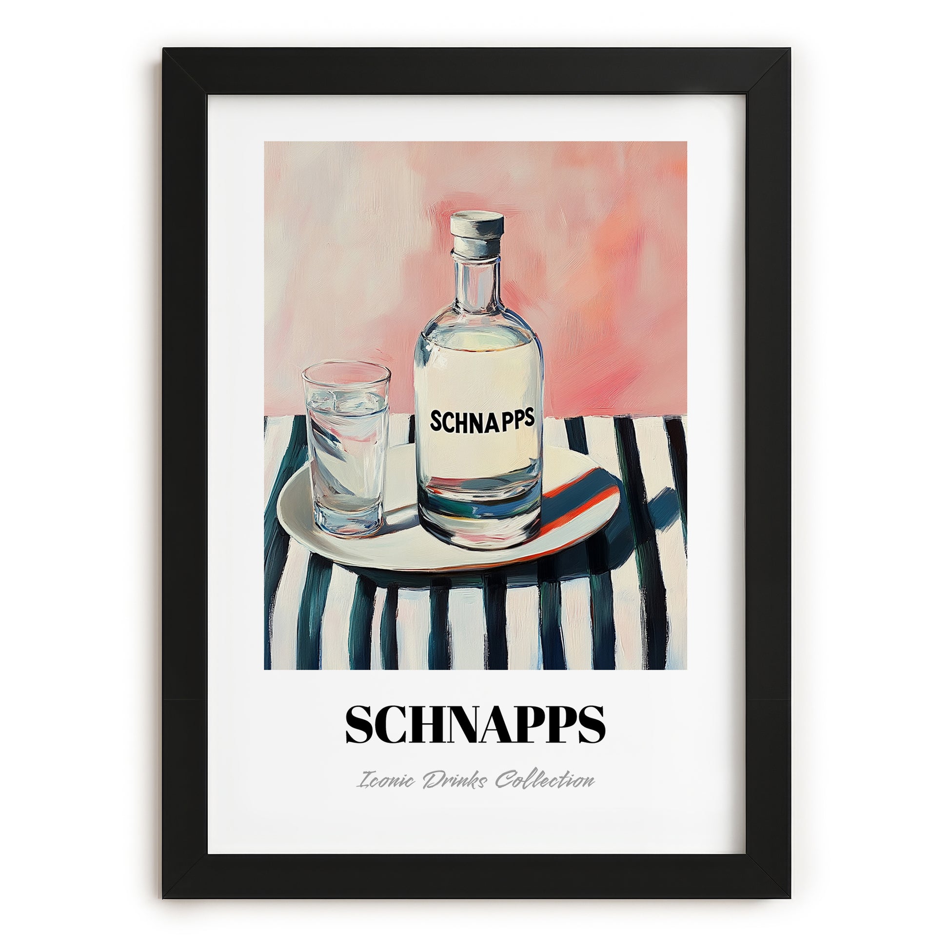 Schnapps – on Striped Tablecloth, German Spirit Painting, in sleek black frame