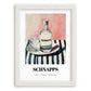 Schnapps – on Striped Tablecloth, German Spirit Painting, placed in minimal white frame