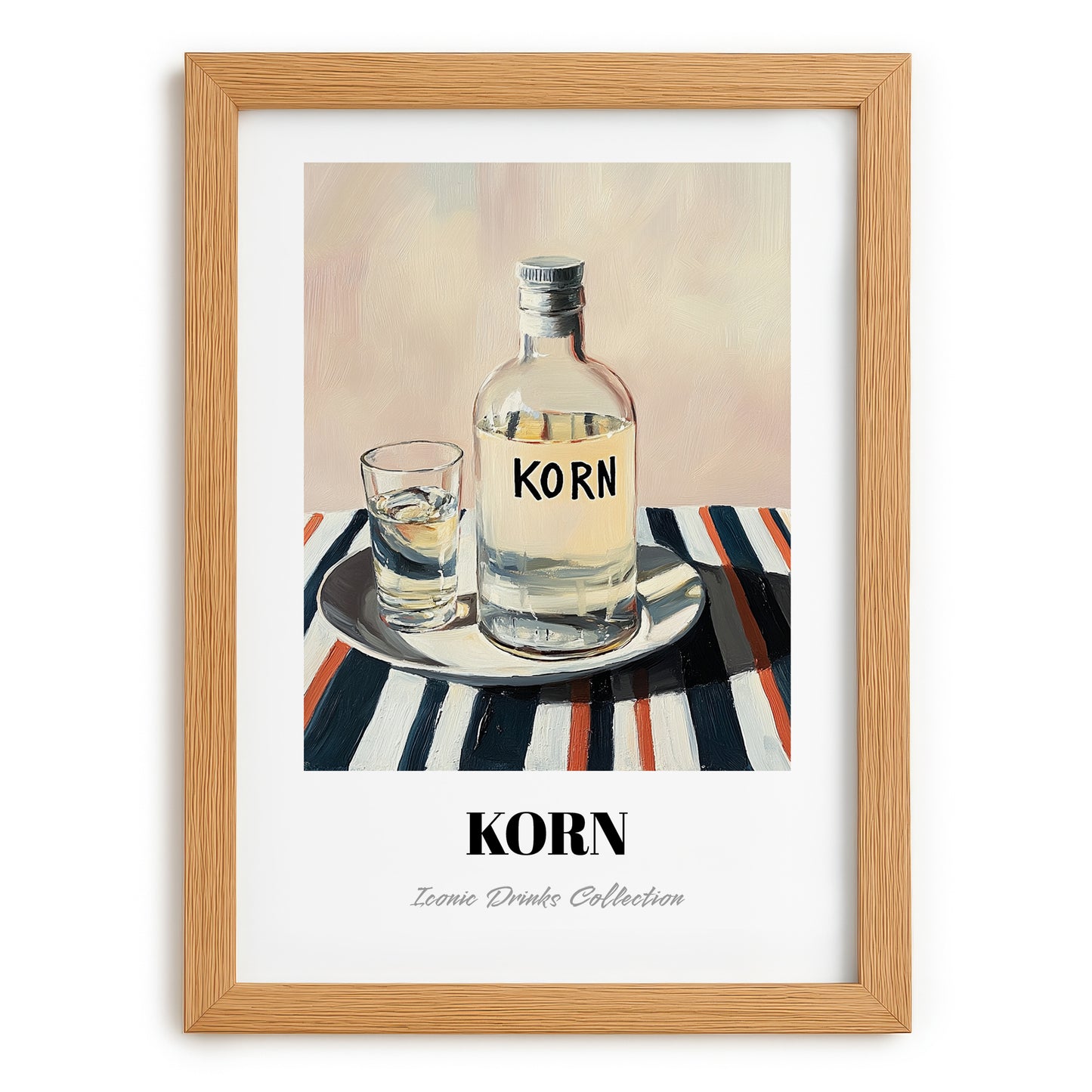 Korn – on Striped Tablecloth, German Spirit Poster, set in oak frame