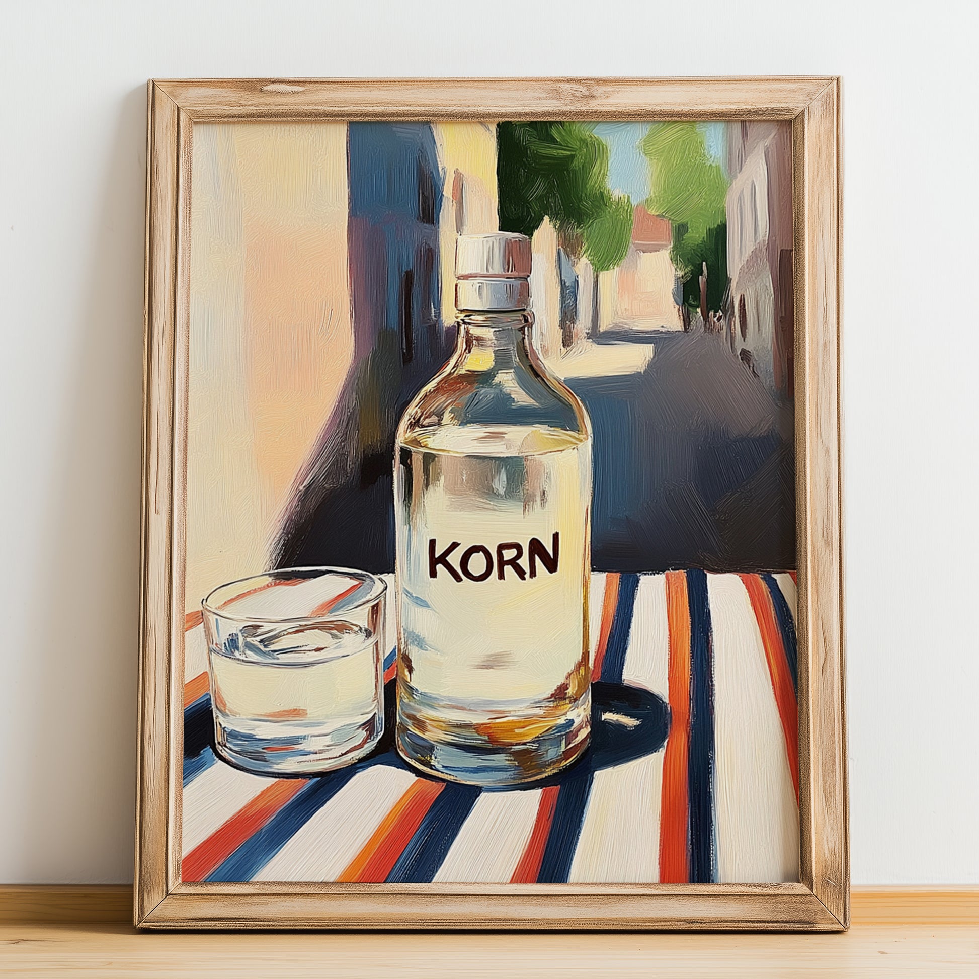 Korn – German Street Café Scene, German Spirit Wall Print, no-text version framed in wood