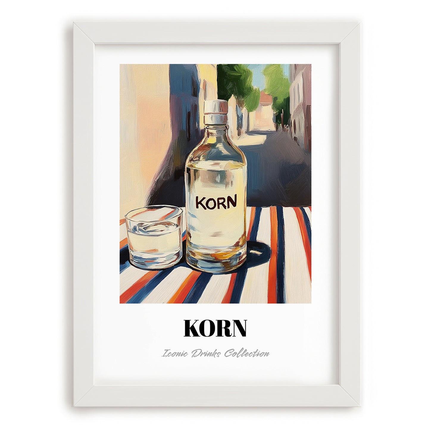 Korn – German Street Café Scene, German Spirit Wall Print, placed in minimal white frame