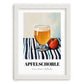 Apfelschorle – on Striped Tablecloth, German Beverage Print, placed in minimal white frame