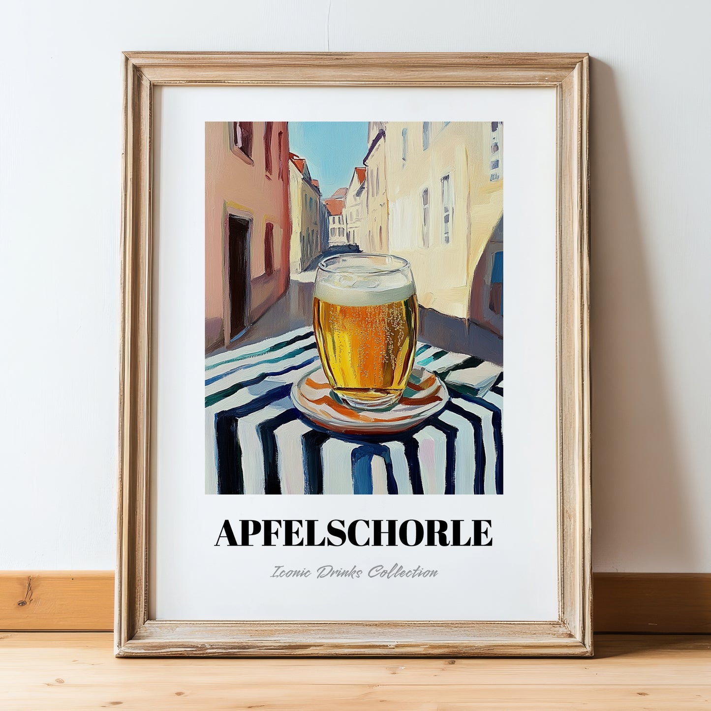 Apfelschorle – German Urban Café Scene, German Beverage Wall Art, in wooden frame leaning on the floor