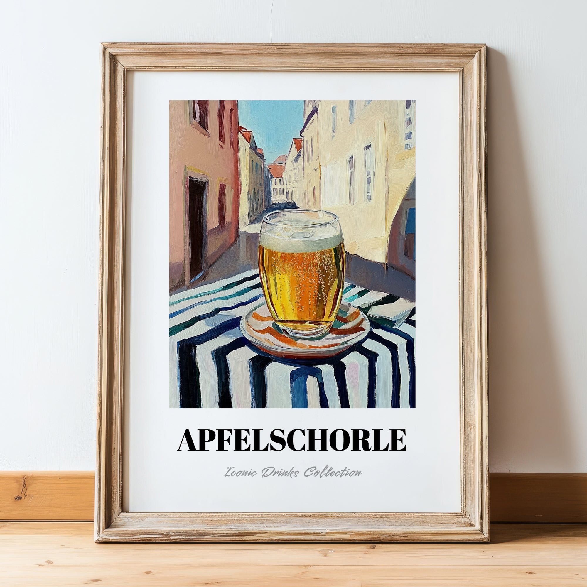 Apfelschorle – German Urban Café Scene, German Beverage Wall Art, in wooden frame leaning on the floor