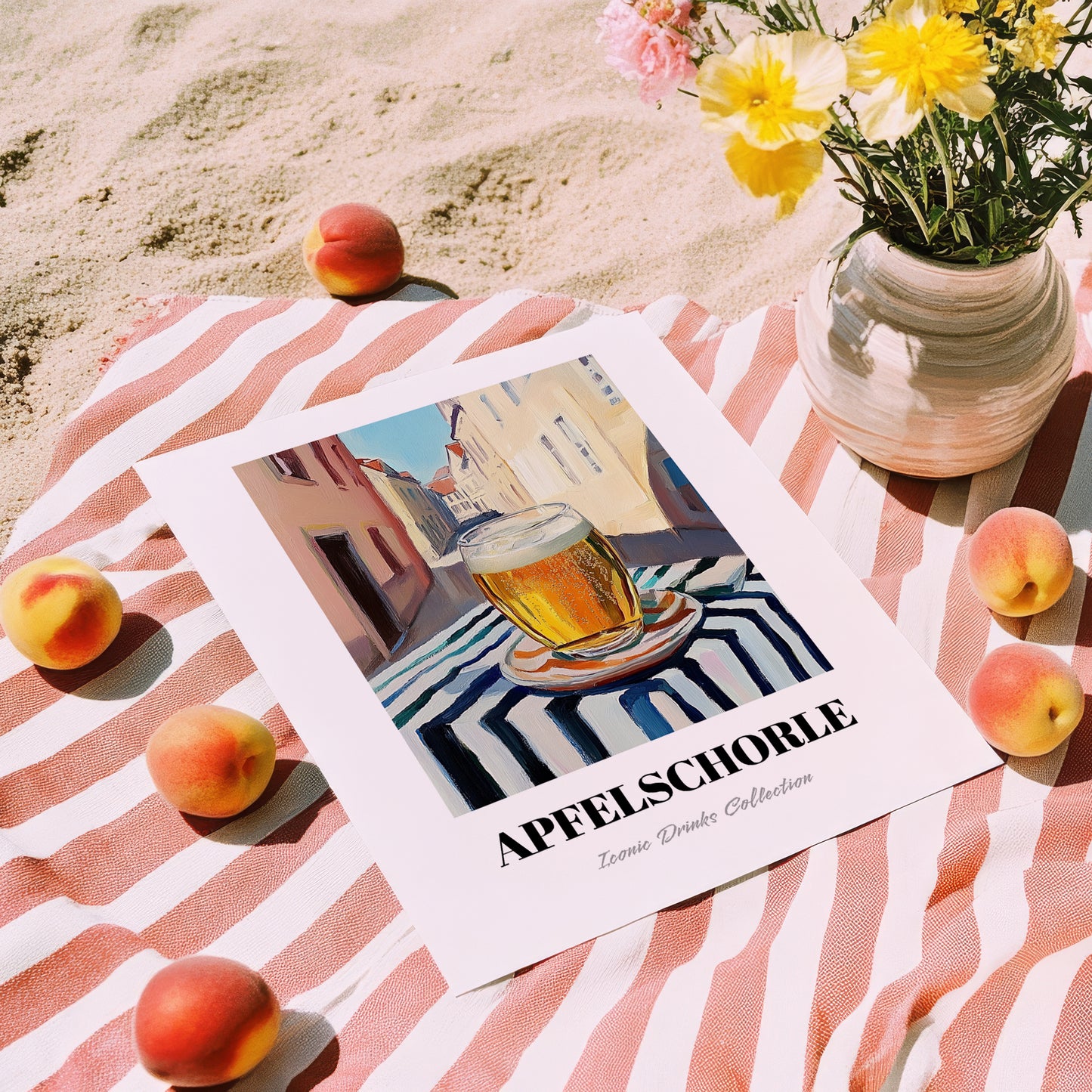 Apfelschorle – German Urban Café Scene, German Beverage Wall Art, unframed on coastal sand