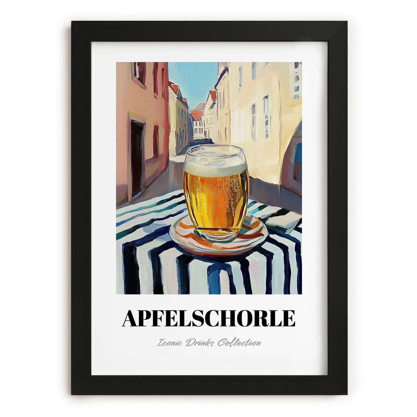 Apfelschorle – German Urban Café Scene, German Beverage Wall Art, in sleek black frame