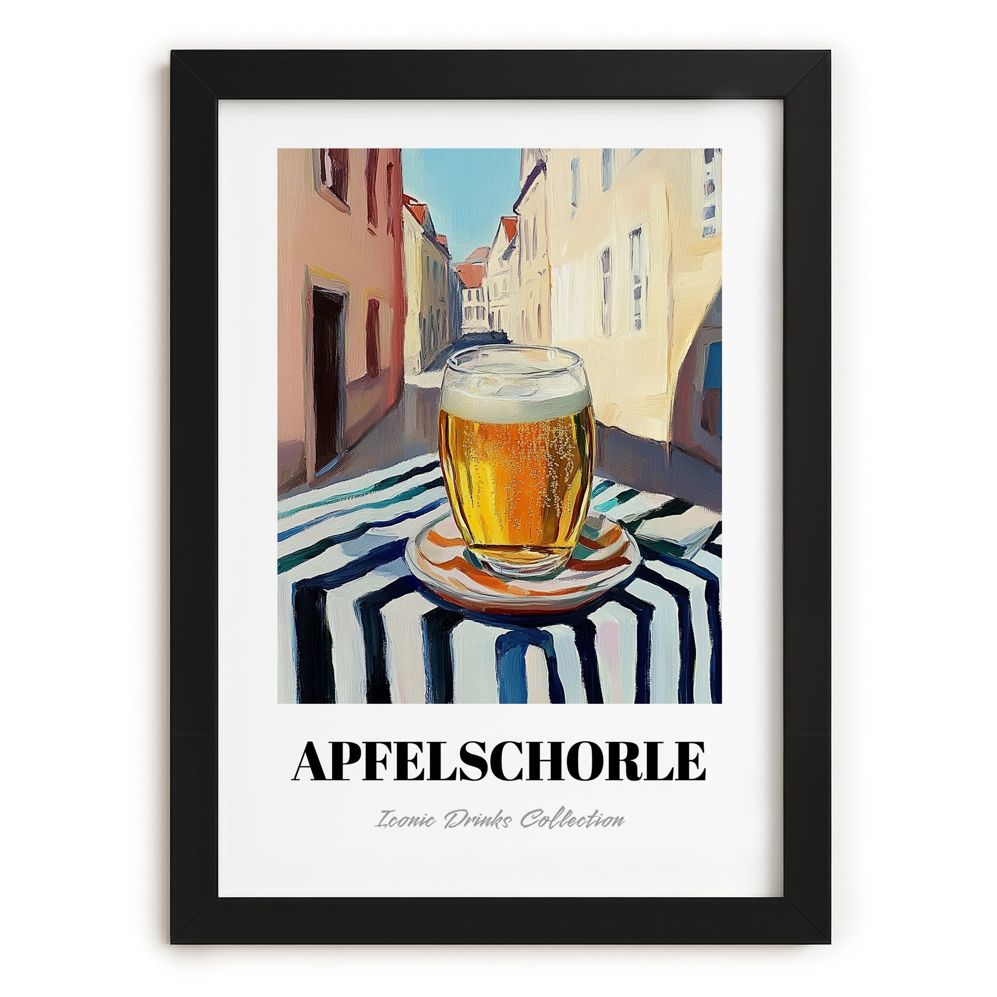 Apfelschorle – German Urban Café Scene, German Beverage Wall Art, in sleek black frame