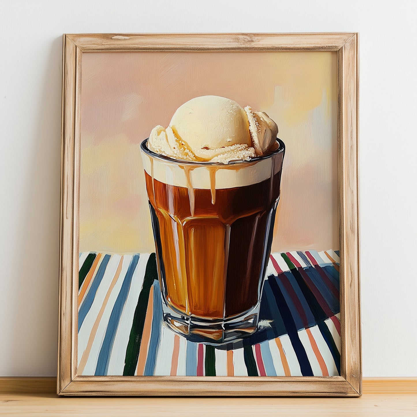 Eiskaffee – on Striped Tablecloth, German Coffee Wall Decor, no-text version framed in wood