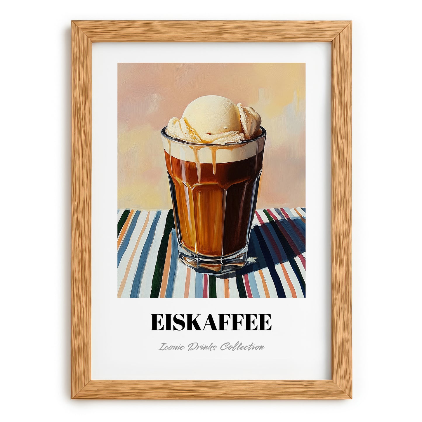 Eiskaffee – on Striped Tablecloth, German Coffee Wall Decor, set in oak frame