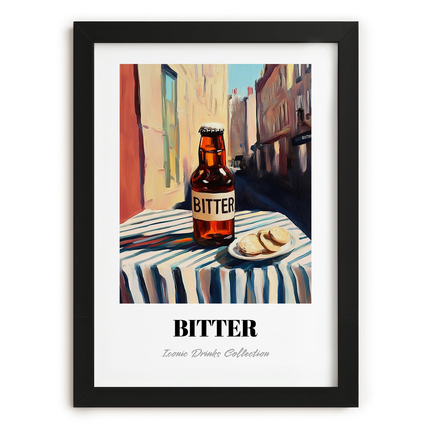 Bitter – English Street Café Scene, English Beer Still Life, in sleek black frame