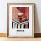 Bitter – on Striped Tablecloth, English Beer Wall Art, in wooden frame leaning on the floor