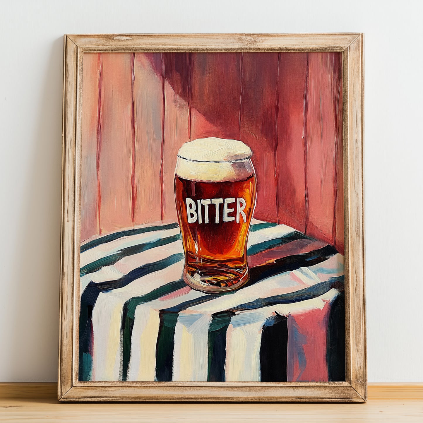 Bitter – on Striped Tablecloth, English Beer Wall Art, no-text version framed in wood