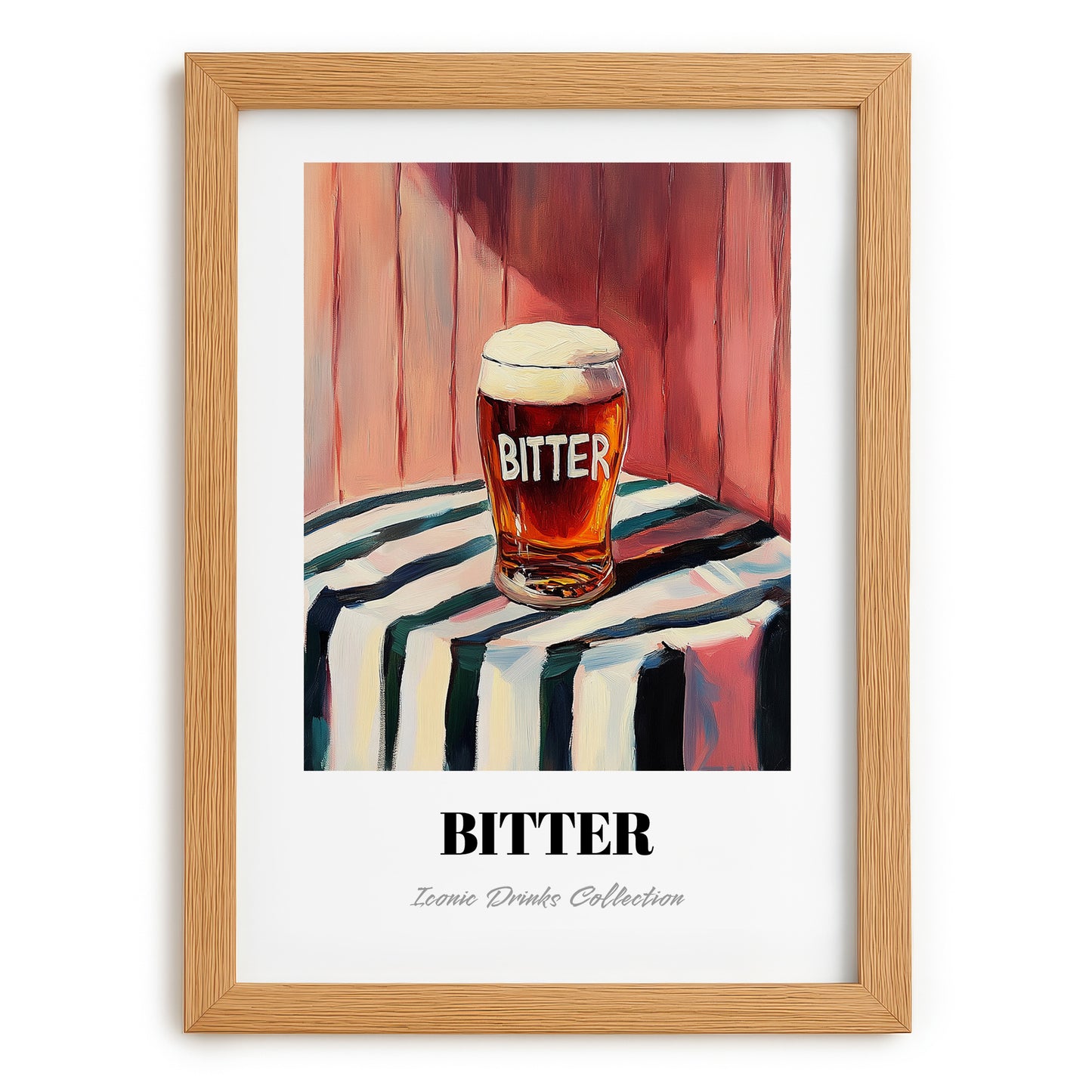 Bitter – on Striped Tablecloth, English Beer Wall Art, set in oak frame