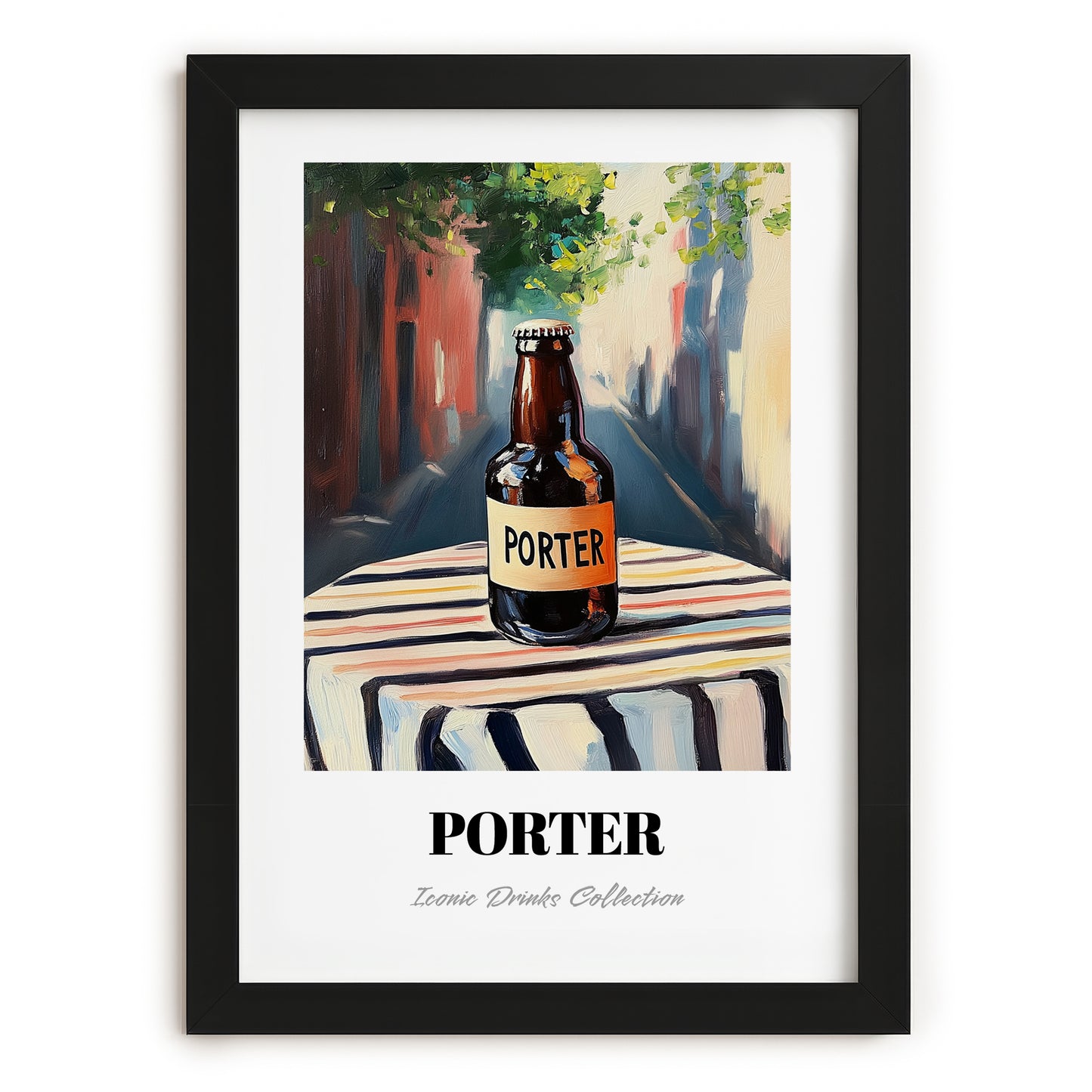 Porter – English Urban Café Scene, English Beer Poster, in sleek black frame