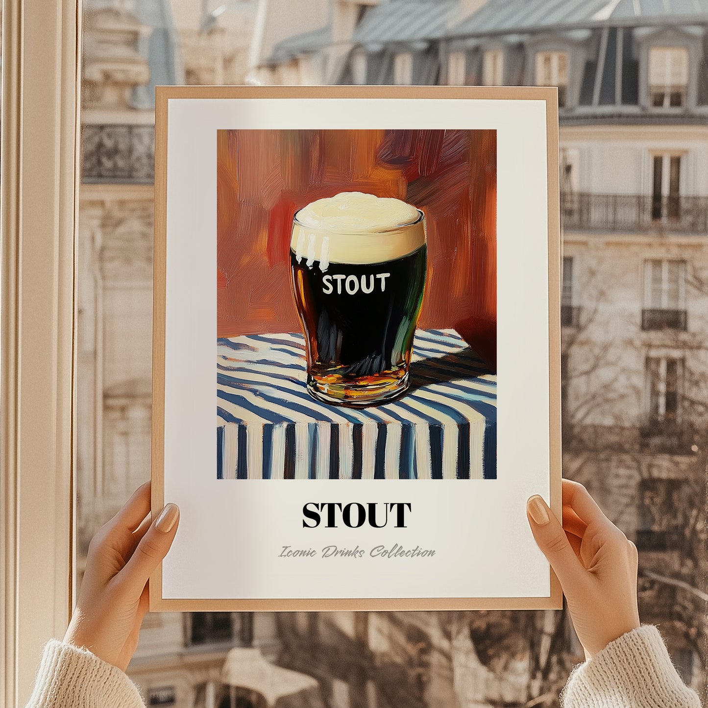 Stout – on Striped Tablecloth, English Beer Painting, styled in a charming Paris street view