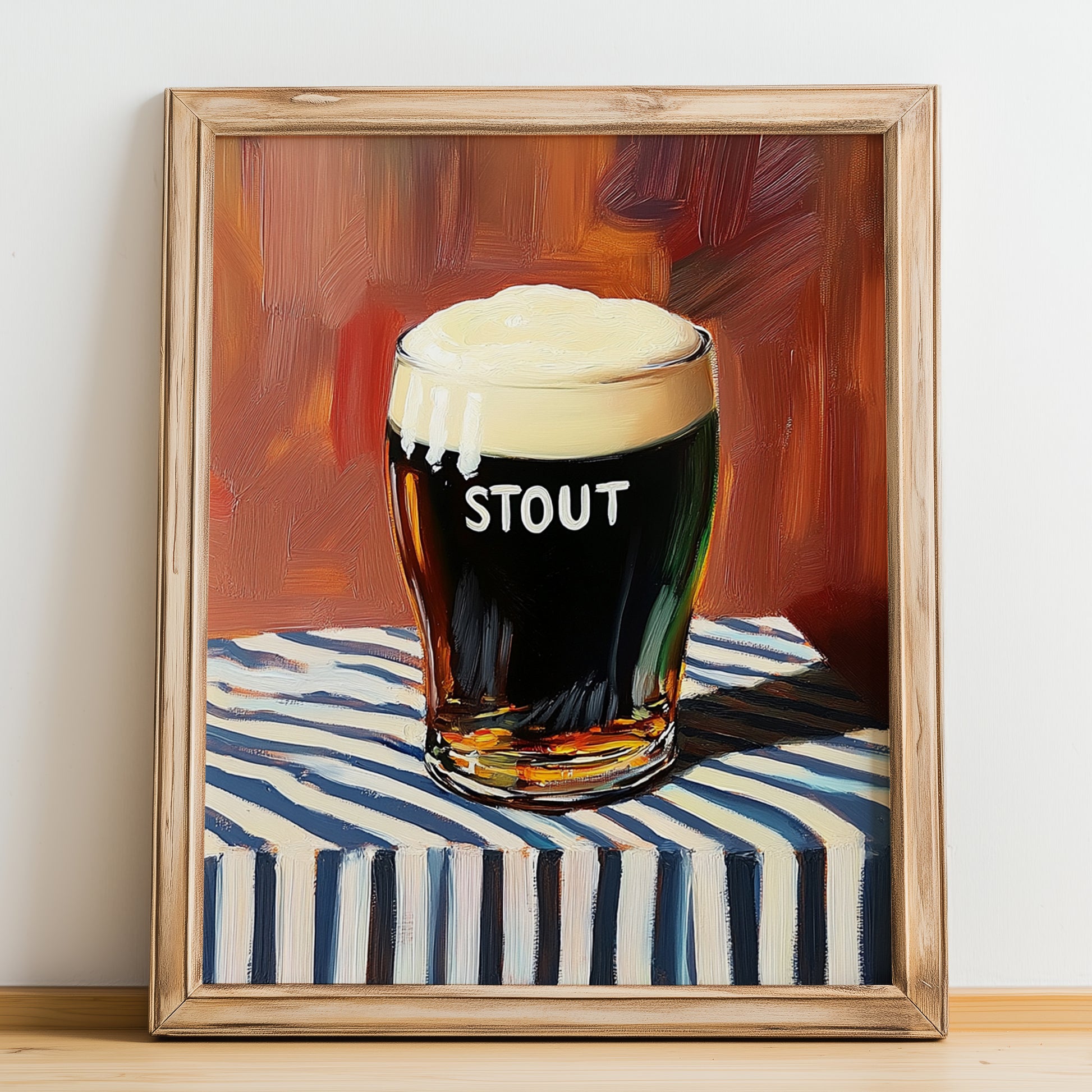 Stout – on Striped Tablecloth, English Beer Painting, no-text version framed in wood