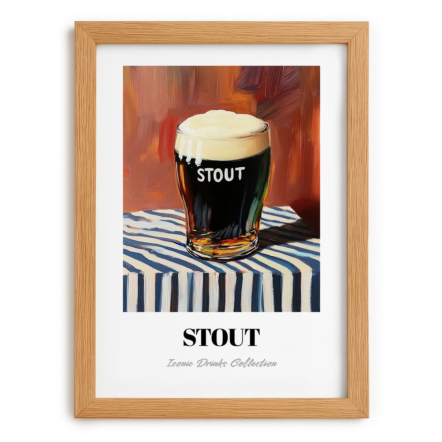 Stout – on Striped Tablecloth, English Beer Painting, set in oak frame