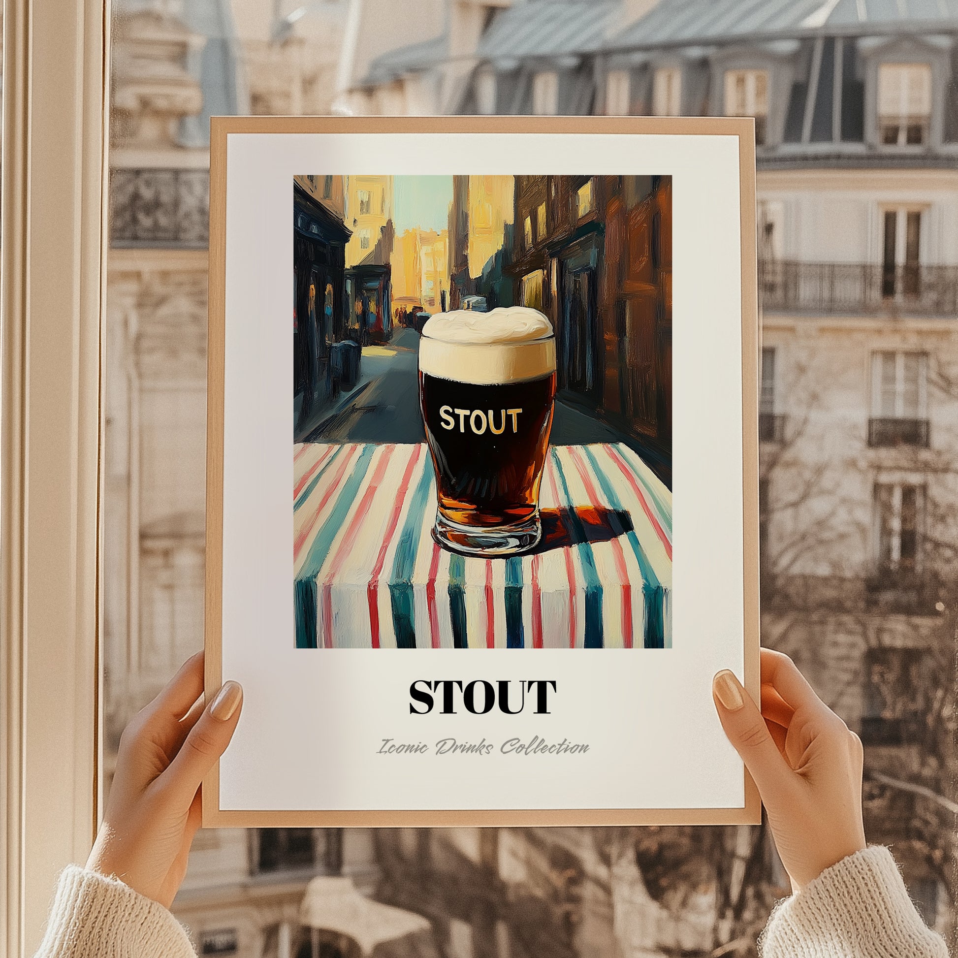 Stout – English Outdoor Café Scene, English Beer Painting, styled in a charming Paris street view