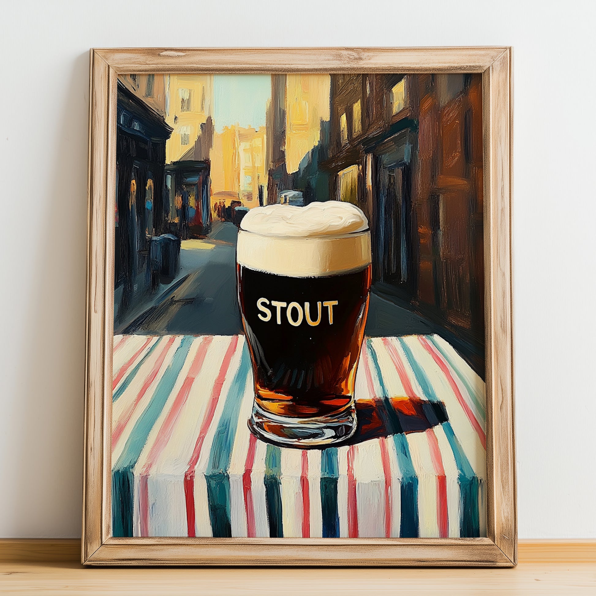 Stout – English Outdoor Café Scene, English Beer Painting, no-text version framed in wood