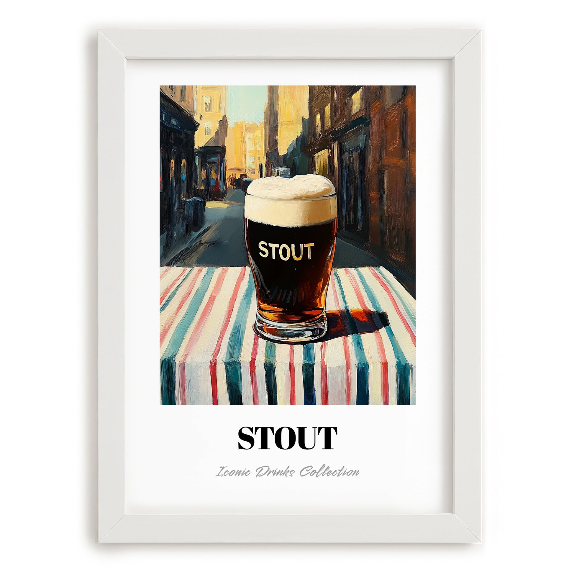 Stout – English Outdoor Café Scene, English Beer Painting, placed in minimal white frame